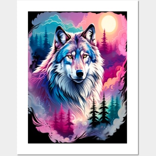 A Grey Wolf with Mountains, Floral Elements, Forests, Trees Posters and Art